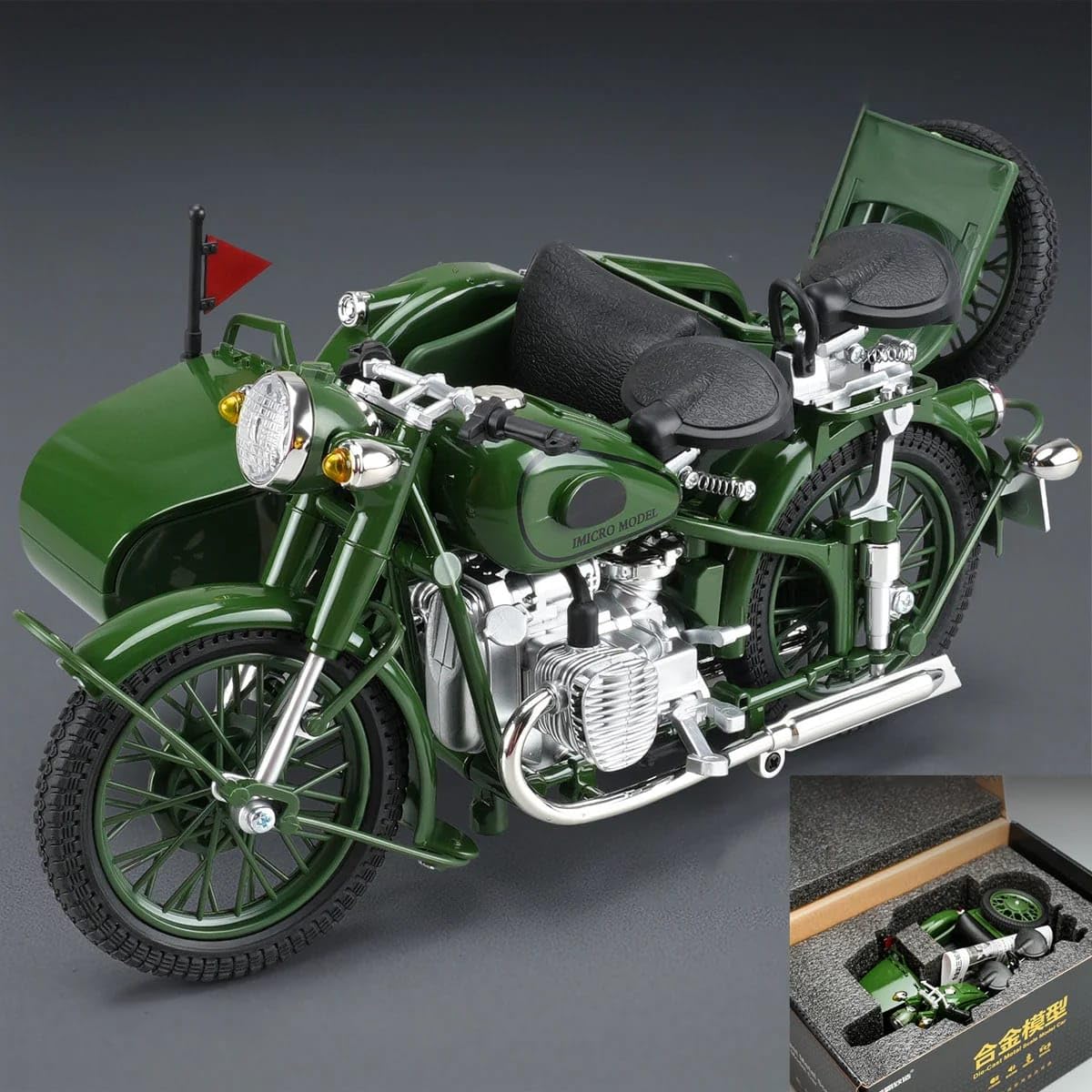Vintage Military Sidecar Motorcycle 1:10 Diecast Metal Model – Classic Collectible Bike