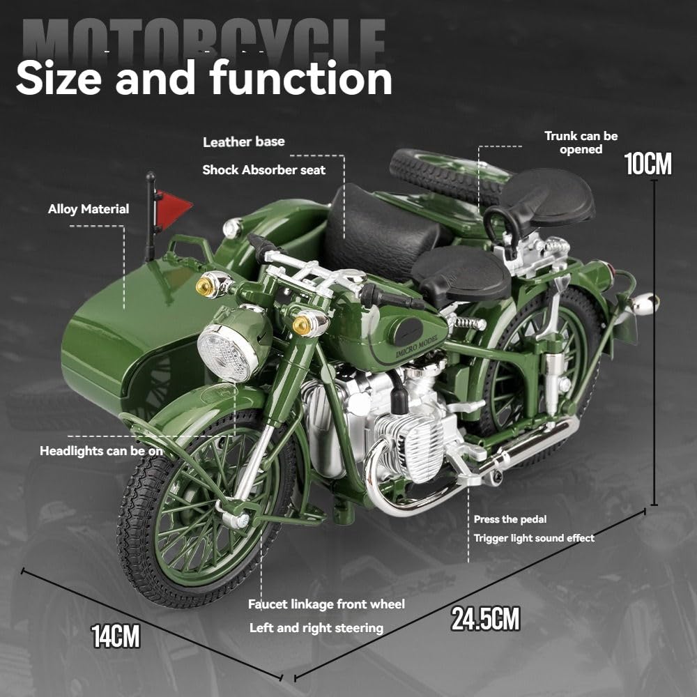 Vintage Military Sidecar Motorcycle 1:10 Diecast Metal Model – Classic Collectible Bike